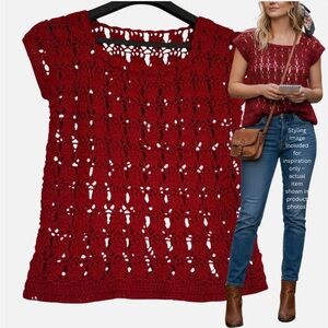 Red Crochet Lace Top VTG Handmade Sweater Vest M Parisian Vintage Artisan Boho